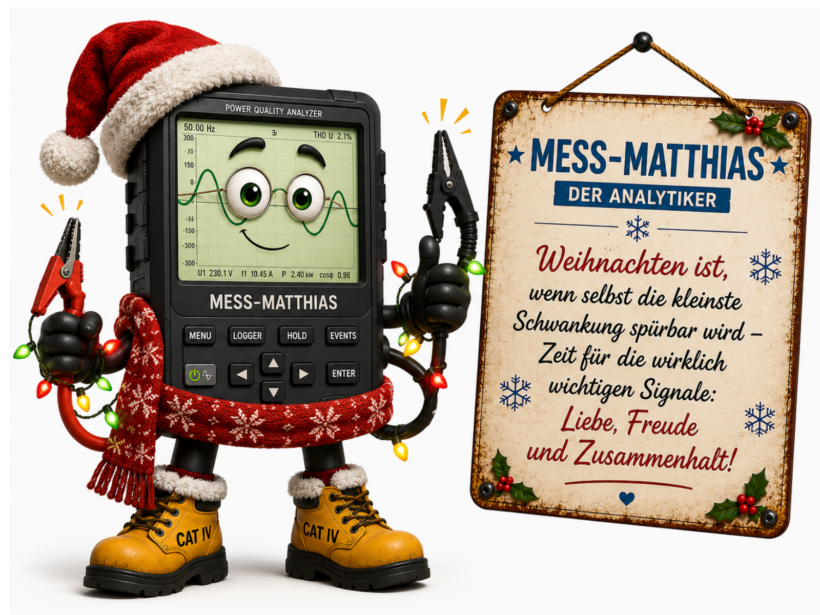 Comic-Figur Mess-Matthias, ein schwarzes Power-Quality-Messgerät mit Display, auf dem eine Sinuskurve, Werte "50.00 Hz" und "THD U 2.1%" sowie Augen und ein Lächeln zu sehen sind. Er trägt eine rote Weihnachtsmütze und einen roten Strickschal, hält zwei mit Lichterketten geschmückte Krokodilklemmen-Messleitungen in Rot und Schwarz, dazu gelbe "CAT IV"-Schutzstiefel. Auf dem Schild daneben steht "MESS-MATTHIAS – Der Analytiker – Weihnachten ist, wenn selbst die kleinste Schwankung spürbar wird – Zeit für die wirklich wichtigen Signale: Liebe, Freude und Zusammenhalt!".