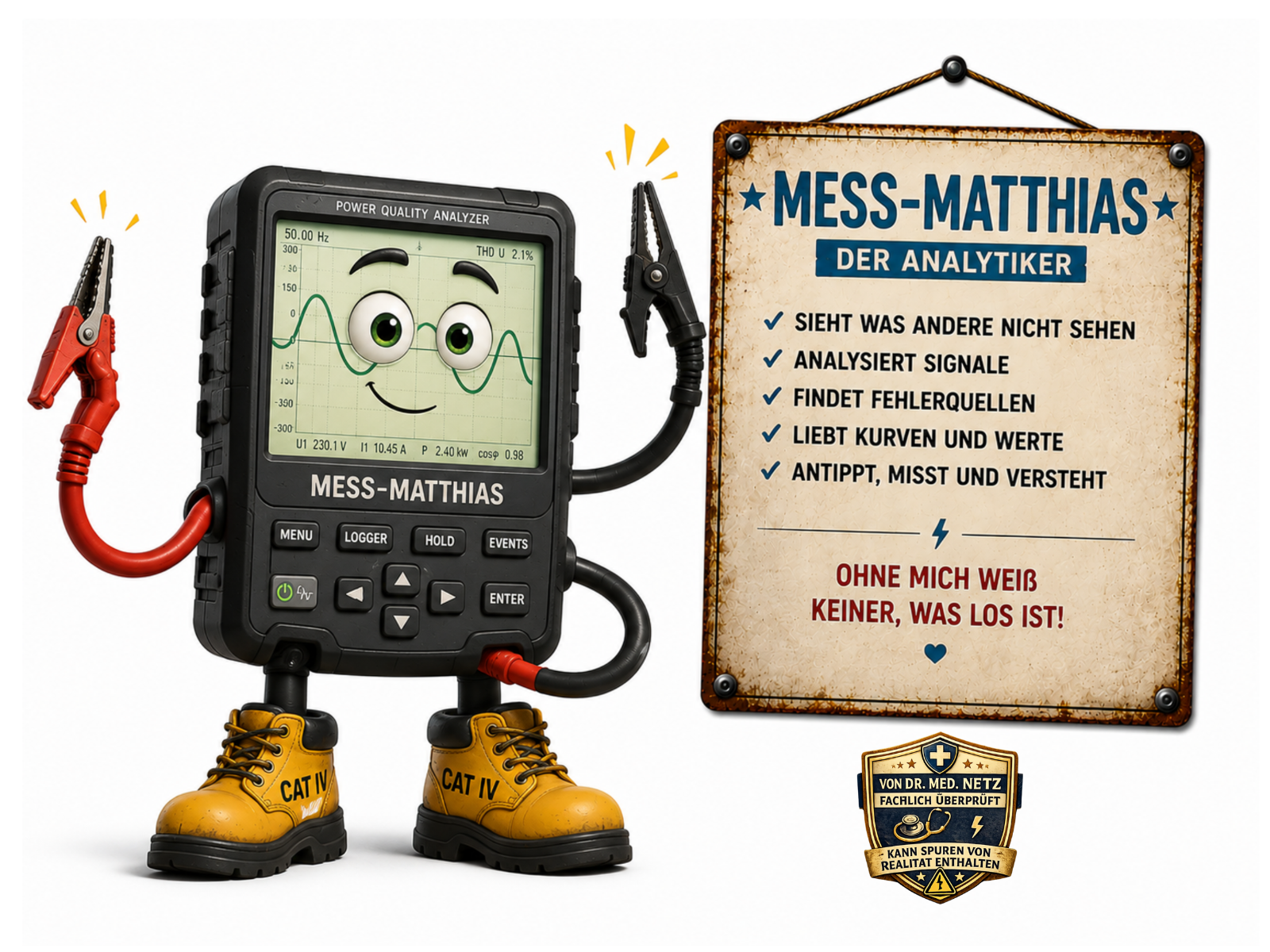 Comic-Figur Mess-Matthias, ein schwarzes Power-Quality-Messgerät mit Display, auf dem eine Sinuskurve, Werte "50.00 Hz" und "THD U 2.1%" sowie Augen und ein Lächeln zu sehen sind. Er hält zwei rote und schwarze Krokodilklemmen-Messleitungen, dazu gelbe "CAT IV"-Schutzstiefel. Auf dem Schild daneben stehen die Eigenschaften "SIEHT WAS ANDERE NICHT SEHEN", "ANALYSIERT SIGNALE", "FINDET FEHLERQUELLEN", "LIEBT KURVEN UND WERTE", "ANTIPPT, MISST UND VERSTEHT" und der Spruch "Ohne mich weiß keiner, was los ist!".