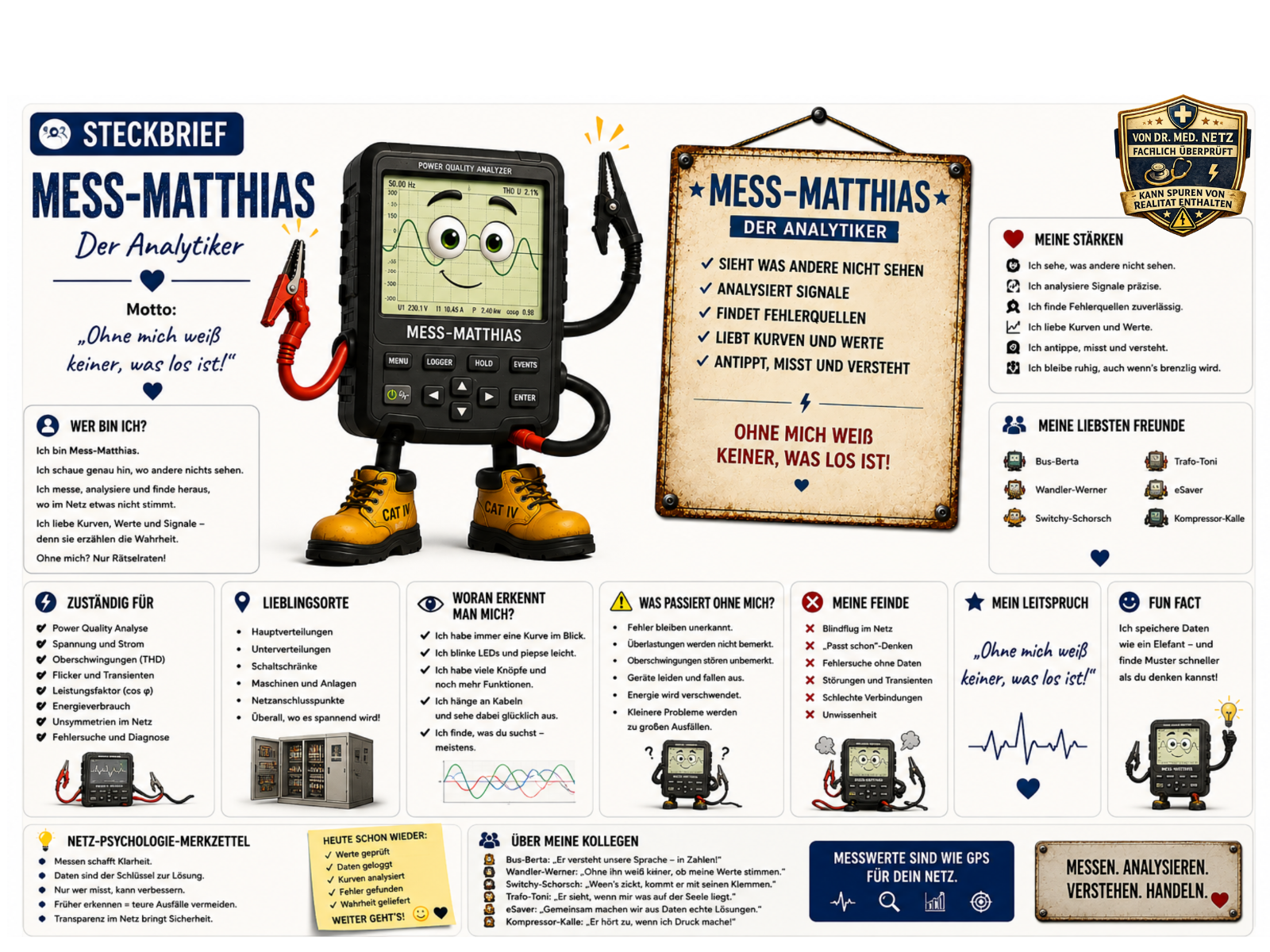Steckbrief-Infografik zu Mess-Matthias: Links die Comic-Figur mit Sinuskurven-Display und Krokodilklemmen. Rechts der Steckbrief mit Motto "Ohne mich weiß keiner, was los ist!", Selbstbeschreibung, Zuständigkeitsbereich (Power Quality Analyse, Spannung und Strom, Oberschwingungen THD), Lieblingsorten wie Hauptverteilungen und Unterverteilungen, Erkennungsmerkmalen, Folgen bei Ausfall, Feinden wie Blindflug im Netz, Freundesliste (u. a. Bus-Berta, Trafo-Toni, eSaver) und Fun Fact zum Datengedächtnis.