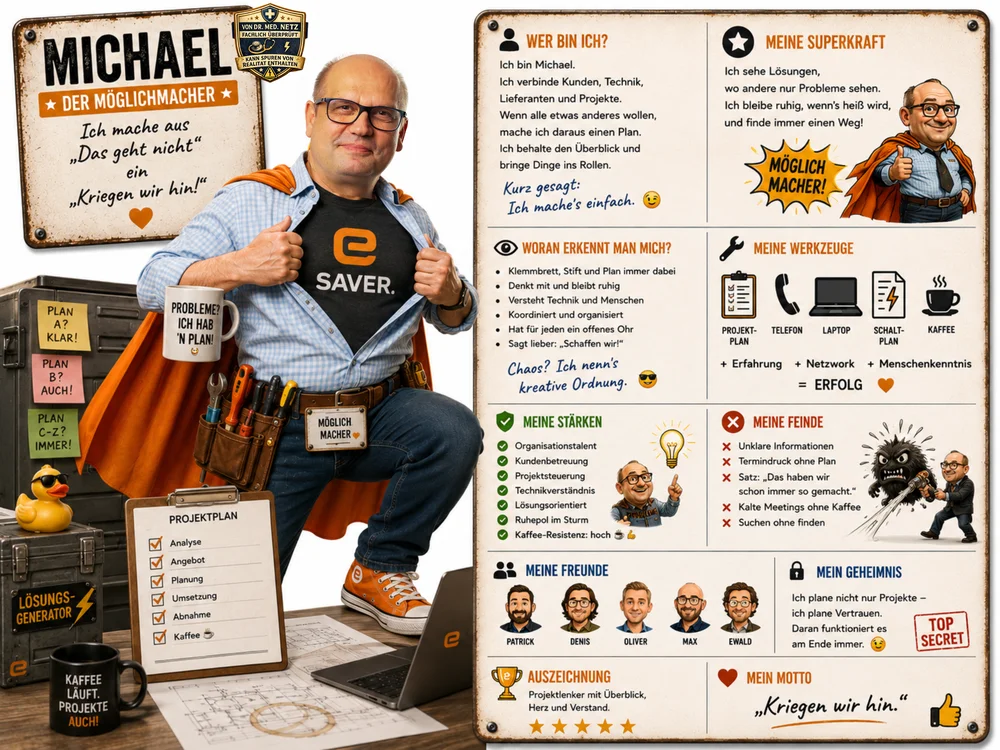 Steckbrief-Grafik von Michael, „Der Möglichmacher“, eSAVER-Mitarbeiter für Projektmanagement, als Comic-Superheld mit Umhang über dem eSAVER-Shirt, Zitat „Ich mache aus ‚Das geht nicht‘ ein ‚Kriegen wir hin!‘“, mit denselben Rubriken wie Werkzeuge, Stärken, Feinde, Freunde und Motto.