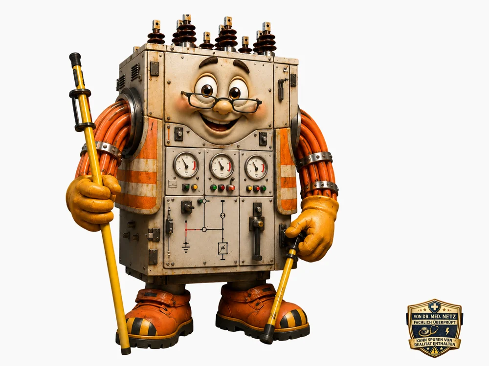 Comicfigur einer Mittelspannungs-Schaltanlage mit bebrilltem Gesicht und orange-weißer Warnweste hält eine gelbe Schaltstange und einen Erdungsstab; auf dem Gehäuse sind Manometer, Kontrollleuchten und ein Schaltplan-Symbol zu erkennen.