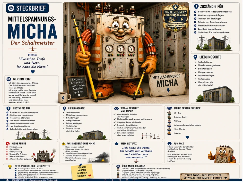 Infografik-Steckbrief zu Mittelspannungs-Micha mit Textblöcken zu Wer bin ich, Zuständigkeit, Lieblingsorten, Erkennungsmerkmalen, besten Freunden, Feinden, was ohne ihn passiert, Leitsatz, Netz-Psychologie-Merkzettel, Fun Fact und Kollegen; im Zentrum die Micha-Figur mit Schaltstangen vor der Schaltanlage.