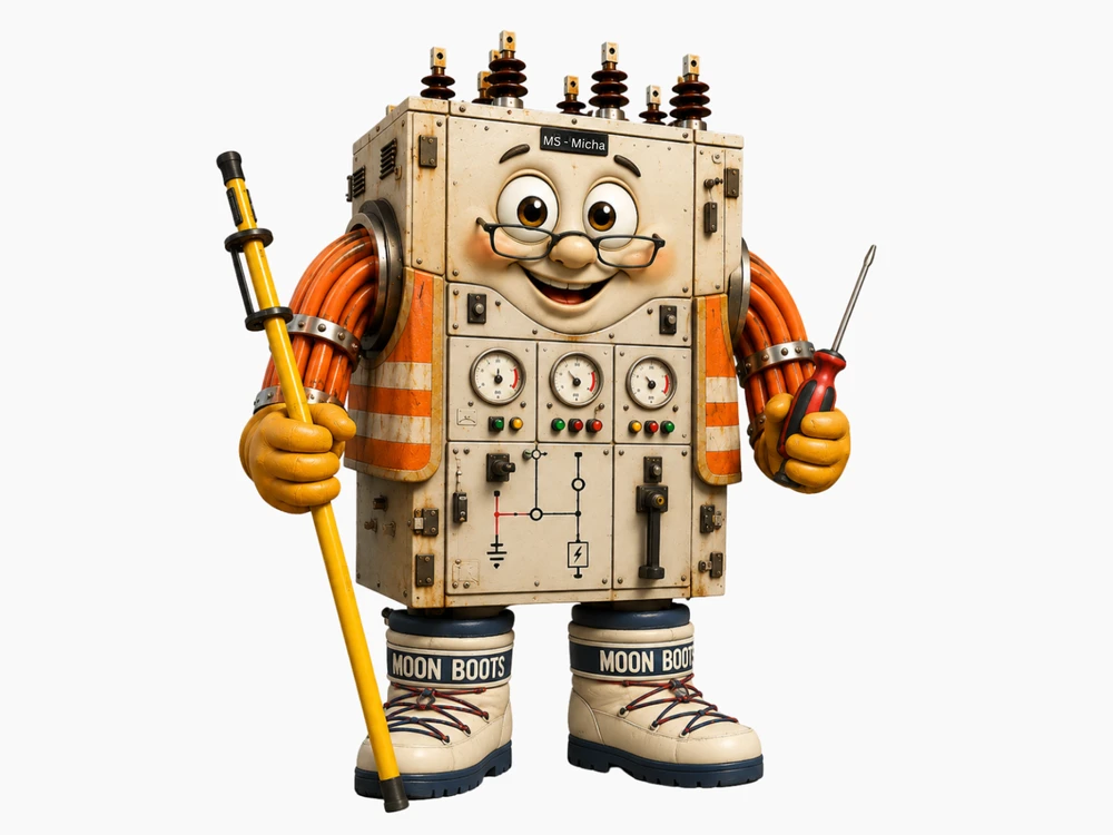 Comic-Figur einer Mittelspannungsschaltanlage mit dem Schild „MS – Micha", freundlichem Gesicht mit Brille, orangefarbenen Kabelarmen und cremefarbenem Metallgehäuse mit mehreren Hochspannungs-Isolatoren auf dem Kopf. Sie trägt orange-weiß gestreifte Warnschutz-Ärmel, hält in der linken Hand einen gelben Messstab und in der rechten einen Schraubendreher. Auf der Vorderseite sind drei analoge Rundinstrumente, mehrere Kontrollleuchten und ein aufgemaltes Schaltbild mit Erdungssymbol zu sehen. Die Figur steht auf weißen Winterstiefeln mit der Aufschrift „Moon Boots" vor neutralem, hellem Hintergrund