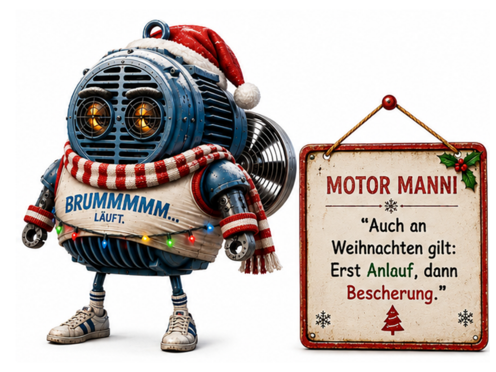 Comic-Roboterfigur Motor-Manni, ein blaues Elektromotor-Gehäuse mit rundem Lüftungsgitter als Gesicht und leuchtend orangefarbenen Augen dahinter, an der Rückseite ein sichtbarer Kühlungslüfter. Er trägt eine Weihnachtsmütze, einen rot-weiß gestreiften Schal mit Lichterkette sowie ein ärmelloses Shirt mit der Aufschrift "BRUMMMMM… LÄUFT.", dazu weiße Sneaker mit blauen Streifen. Auf dem Schild daneben steht "MOTOR MANNI – „Auch an Weihnachten gilt: Erst Anlauf, dann Bescherung.“".