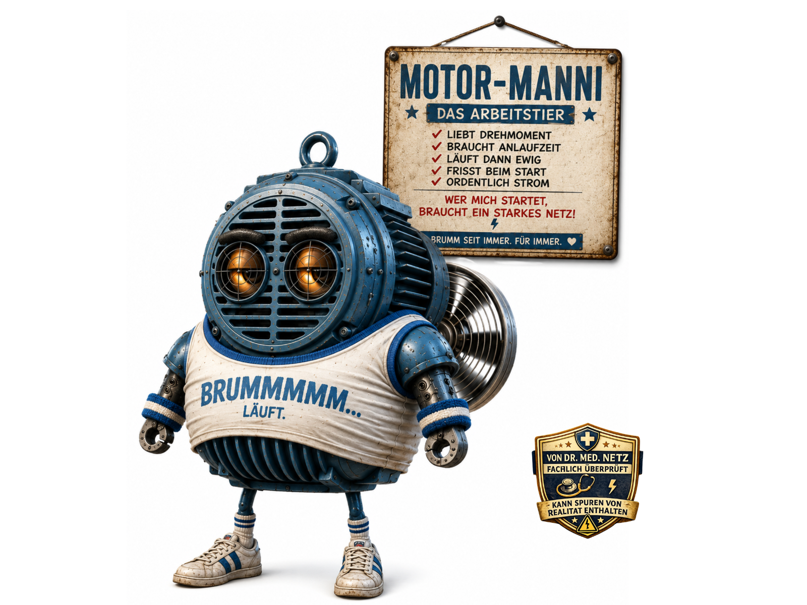 Comic-Roboterfigur Motor-Manni, ein blaues Elektromotor-Gehäuse mit rundem Lüftungsgitter als Gesicht und leuchtend orangefarbenen Augen dahinter, an der Rückseite ein sichtbarer Kühlungslüfter. Er trägt ein ärmelloses Shirt mit der Aufschrift "BRUMMMMM… LÄUFT.", dazu weiße Sneaker mit blauen Streifen. Auf dem Schild daneben steht "MOTOR-MANNI DAS ARBEITSTIER – LIEBT DREHMOMENT, BRAUCHT ANLAUFZEIT, LÄUFT DANN EWIG, FRISST BEIM START ORDENTLICH STROM", darunter "Wer mich startet, braucht ein starkes Netz! Brumm seit immer. Für immer.".