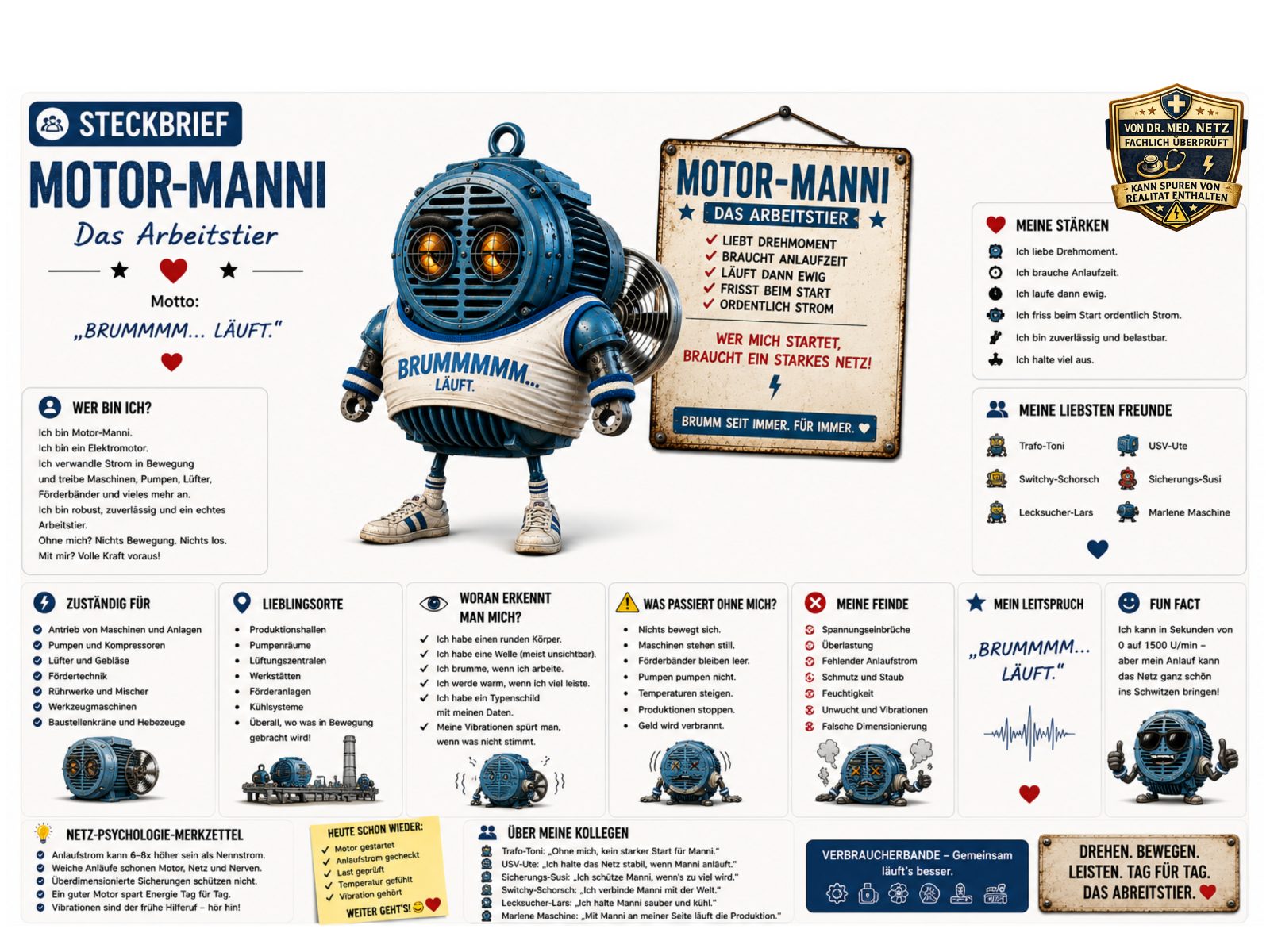 Steckbrief-Infografik zu Motor-Manni: Links die Comic-Figur mit Lüftungsgitter-Gesicht, orangefarbenen Augen und Kühlungslüfter. Rechts der Steckbrief mit Motto "Brummmmm… läuft.", Selbstbeschreibung, Zuständigkeitsbereich (Antrieb von Maschinen und Anlagen, Pumpen und Kompressoren, Fördertechnik), Lieblingsorten wie Produktionshallen und Lüftungszentralen, Erkennungsmerkmalen, Folgen bei Ausfall, Feinden wie Spannungseinbrüchen und fehlerhaftem Anlaufstrom, Freundesliste (u. a. Trafo-Toni, USV-Ute, Switchy-Schorsch) und Fun Fact zur Drehzahl.