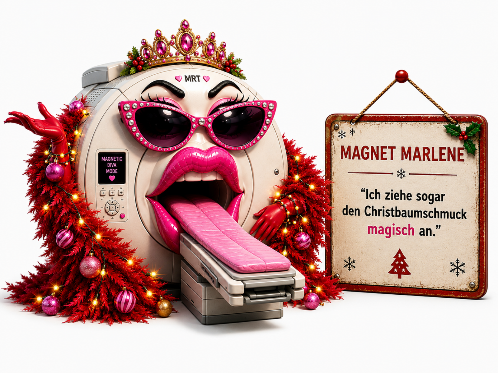 Comic-Figur Magnet-Marlene, ein cremefarbener MRT-Gerätering mit divenhaftem Gesicht: pinke Cat-Eye-Sonnenbrille mit Strasssteinen, pralle pinke Lippen mit herausgestreckter Zunge auf der Patientenliege, goldene Krone mit roten Steinen. Sie ist in rote Weihnachtsgirlanden mit pinken Christbaumkugeln und Lichterketten gehüllt, trägt ein rotes Samtkleid mit weißem Pelzbesatz und hält ein pinkes Geschenkpaket, am Display steht "MAGNETIC DIVA MODE". Auf dem Schild daneben steht "MAGNET MARLENE – „Ich ziehe sogar den Christbaumschmuck magisch an.“".