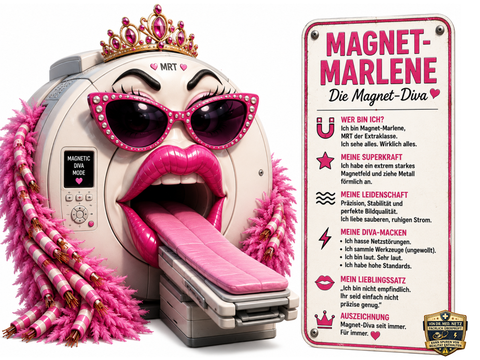 Comic-Figur Magnet-Marlene, ein cremefarbener MRT-Gerätering mit divenhaftem Gesicht: pinke Cat-Eye-Sonnenbrille mit Strasssteinen, pralle pinke Lippen mit herausgestreckter Zunge auf der Patientenliege, goldene Krone mit roten Steinen, pinke Federboa an den Seiten. Auf dem Schild daneben steht "MAGNET-MARLENE Die Magnet-Diva" mit den Abschnitten "Wer bin ich?", "Meine Superkraft" (starkes Magnetfeld, zieht Metall förmlich an), "Meine Leidenschaft", "Meine Diva-Macken" und dem Lieblingssatz "Ich bin nicht empfindlich. Ihr seid einfach nicht präzise genug.".