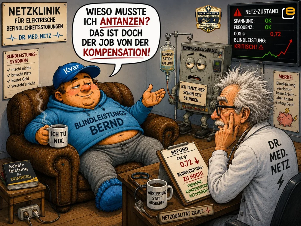 Comic-Szene: Blindleistungs-Bernd, ein bequemer Charakter im blauen Hoodie auf dem Sofa, diskutiert mit Dr. med. Netz über Kompensation und einen kritischen cos-φ-Wert von 0,72, während eine erschöpfte Kompensationsanlage im Hintergrund steht.