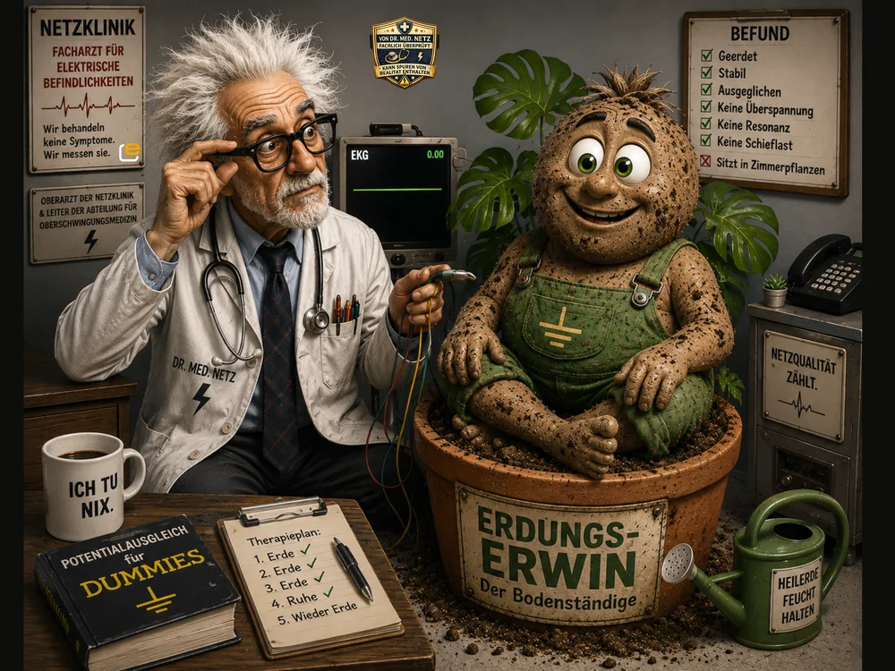Comic-Szene: Erdungs-Erwin, eine erdverschmierte Figur in einem Blumentopf mit der Aufschrift „Erdungs-Erwin – Der Bodenständige“, wird von Dr. med. Netz mit einem Befund zu Erdung, Stabilität und ausgeglichener Netzverbindung untersucht.