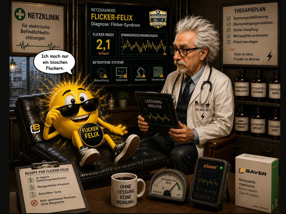 Comic-Szene: Flicker-Felix, eine gelbe Glühbirnen-Figur mit Sonnenbrille, entspannt auf dem Sofa neben Dr. med. Netz, der einen Befund zu Flicker-Syndrom und kritischem Flicker-Index von 2,1 sowie Spannungsschwankungen zeigt.