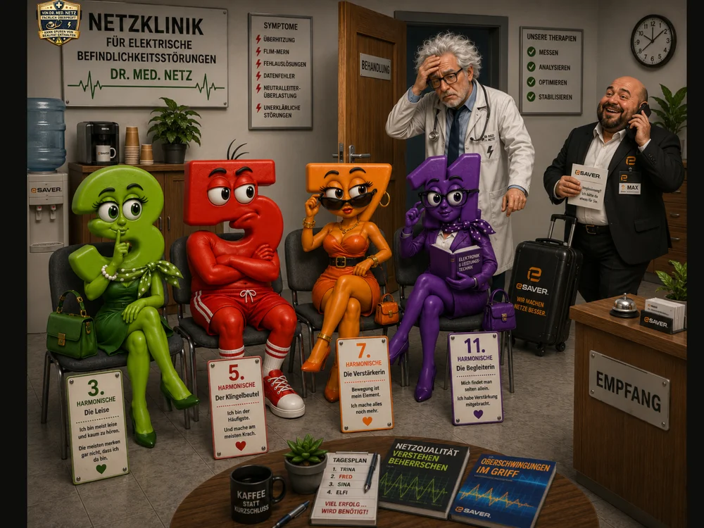 Gruppenszene im Wartezimmer der Netzklinik mit den bunten Comic-Ziffern der 3., 5., 7. und 11. Harmonischen (Die Leise, Der Klingelbeutel, Die Verstärkerin, Die Begleiterin), Dr. med. Netz und dem Vertriebler Max, umgeben von Schildern zu Oberschwingungen.