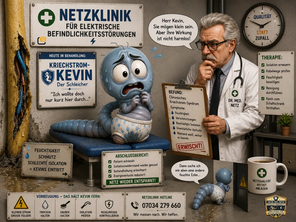 Comic-Szene: Kriechstrom-Kevin, eine kleine feuchte blaue Raupenfigur, wird von Dr. med. Netz zum Thema Feuchtigkeit, Verschmutzung und beschädigte Isolation als Ursachen für chronisches Kriechstrom-Syndrom untersucht.