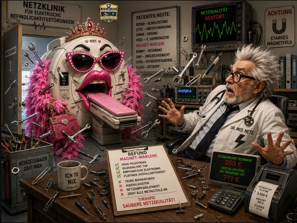 Comic-Szene: Magnet-Marlene, ein MRT-Gerät mit Krone, Sonnenbrille und pinker Federboa, zieht Werkzeuge und Metallteile magnetisch an, während ein erschrockener Dr. med. Netz vor den Kosten starker Magnetfelder für empfindliche Elektronik warnt.