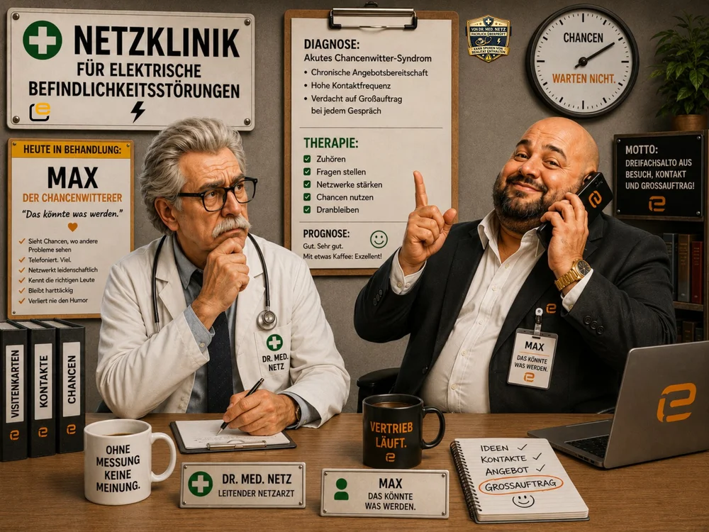 Comic-Szene: Max vom Vertrieb telefoniert lässig neben Dr. med. Netz, der die scherzhafte Diagnose „Akutes Chancenwitter-Syndrom“ mit Symptomen wie hoher Kontaktfrequenz und Verdacht auf Großauftrag bei jedem Gespräch stellt.