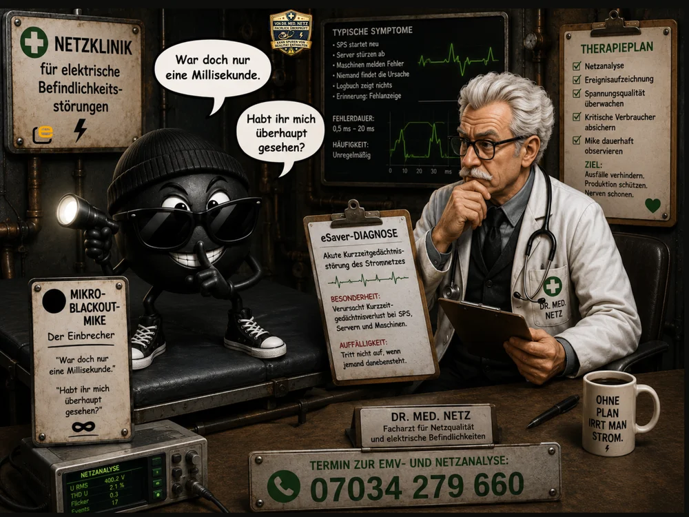 Comic-Szene: Mikro-Blackout-Mike, eine schwarze Kugelfigur mit Taschenlampe und Sonnenbrille, behauptet unschuldig neben Dr. med. Netz, nur für Millisekunden aufgetreten zu sein, während der Befund kurze, unregelmäßige Netzausfälle zeigt.