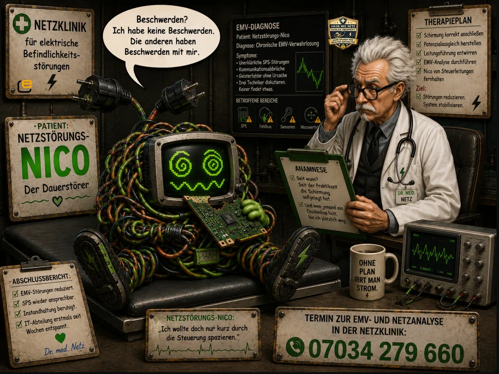 Comic-Szene: Netzstörungs-Nico, ein kabelverwuchertes Robotermonster mit grünem Bildschirmgesicht, sitzt bei Dr. med. Netz, der die Diagnose „Chronische EMV-Verwahrlosung“ mit Symptomen wie unerklärlichen SPS-Störungen stellt.