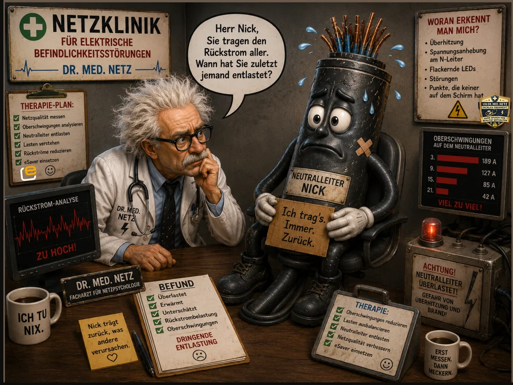 Comic-Szene: Neutralleiter-Nick, eine müde graue Zylinderfigur mit Pflaster, sitzt neben Dr. med. Netz, der ihn zu überlasteten Rückströmen und Oberschwingungen auf dem Neutralleiter befragt, mit Balkendiagramm zu gemessenen Strömen bis 189 A.