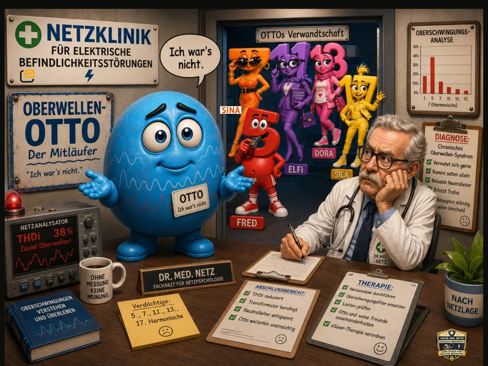 Comic-Szene: Oberwellen-Otto, eine blaue runde Figur mit Wellenmuster, behauptet unschuldig „Ich war's nicht“ neben Dr. med. Netz, im Hintergrund seine bunte Verwandtschaft Sina, Elfi, Dora, Sila und Fred sowie ein Diagramm zur Oberschwingungs-Analyse.