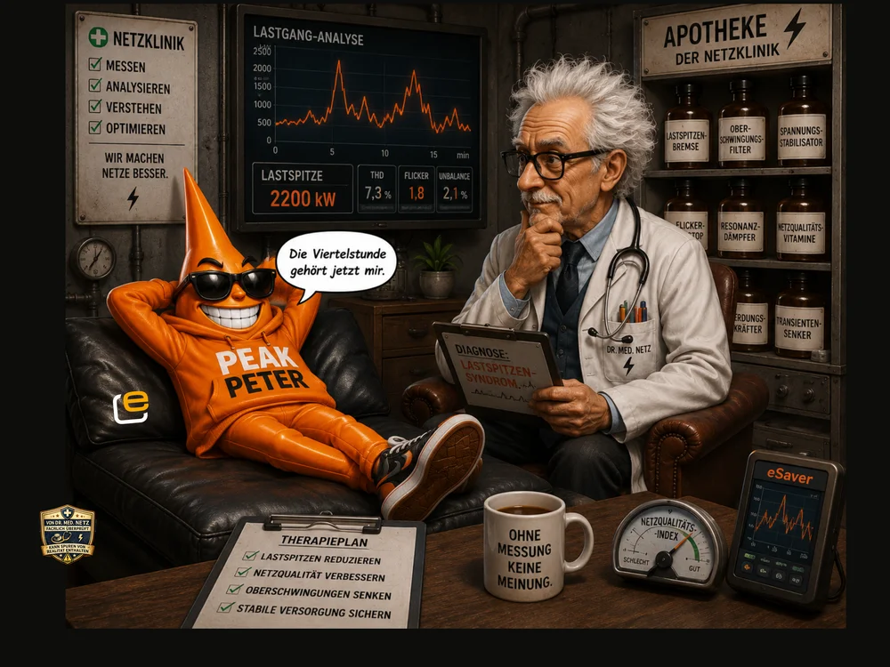 Comic-Szene: Peak-Peter, eine orangefarbene Kegelfigur mit Sonnenbrille, entspannt lässig auf dem Sofa neben Dr. med. Netz, während auf dem Bildschirm eine Lastgang-Analyse mit einer Lastspitze von 2200 kW zu sehen ist.