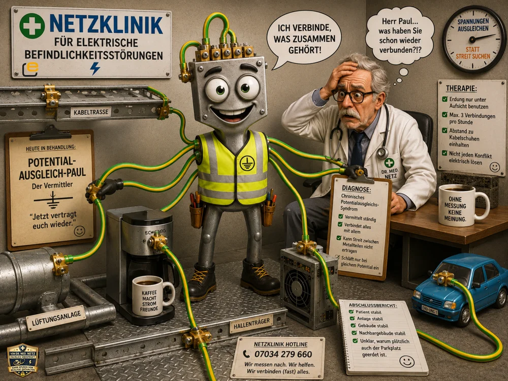 Comic-Szene: Potenzialausgleich-Paul, ein grüngelber Roboter mit vielen Verbindungskabeln zu Kaffeemaschine, Lüftungsanlage und Spielzeugauto, verbindet in der Netzklinik alles miteinander, während Dr. med. Netz besorgt fragt, was er schon wieder verbunden hat.