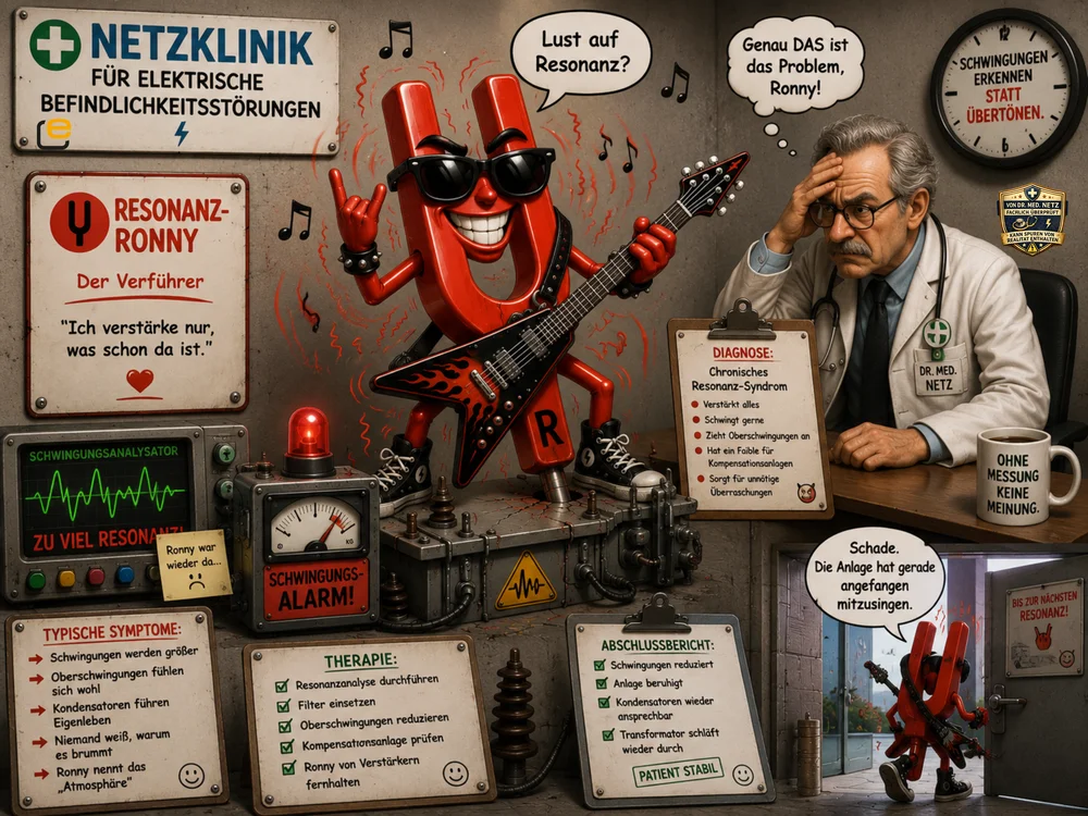 Comic-Szene: Resonanz-Ronny, eine rote Buchstaben-Figur mit E-Gitarre und Sonnenbrille, rockt vor Dr. med. Netz, der die Diagnose „Chronisches Resonanz-Syndrom“ mit Symptomen wie unerwünschtem Aufschaukeln von Schwingungen stellt.