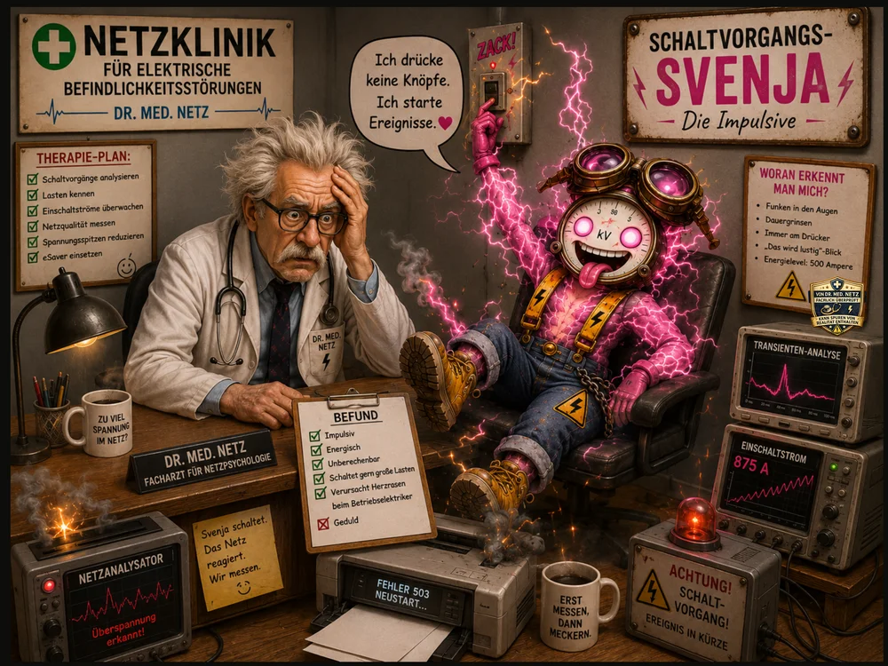 Comic-Szene: Schaltvorgangs-Svenja, eine pink funkelnde Figur mit Voltmeter-Kopf und Blitzen, sitzt impulsiv neben einem erschöpften Dr. med. Netz, während Monitore Transienten- und Einschaltstromwerte von 875 A anzeigen.