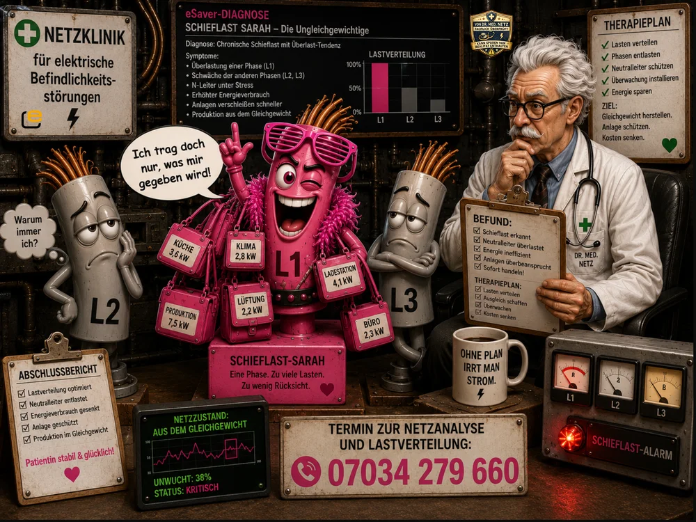 Comic-Szene: Schieflast-Sarah, eine pinke, verkleidete Zylinderfigur mit vielen Lasten-Taschen, steht zwischen den grauen, erschöpften Phasenfiguren L2 und L3, während Dr. med. Netz eine Lastverteilung mit Phase L1 stark überlastet dokumentiert.