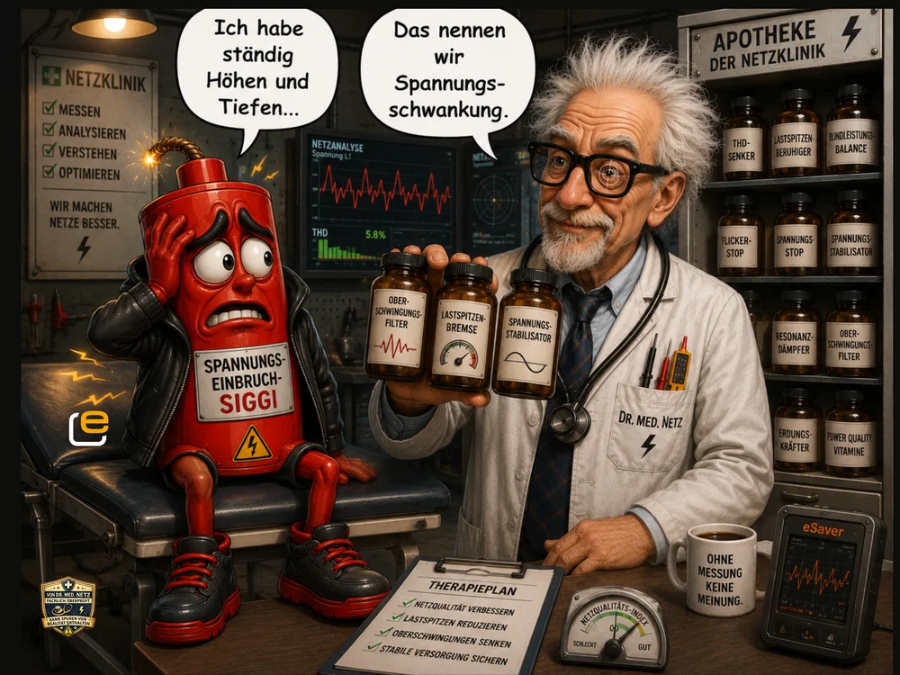 Comic-Szene: Spannungseinbruch-Siggi, eine rote Dynamit-Figur mit Zündschnur und Lederjacke, klagt Dr. med. Netz über ständige Höhen und Tiefen, während dieser Fläschchen wie Oberschwingungsfilter und Spannungsstabilisator aus der Netzklinik-Apotheke zeigt.