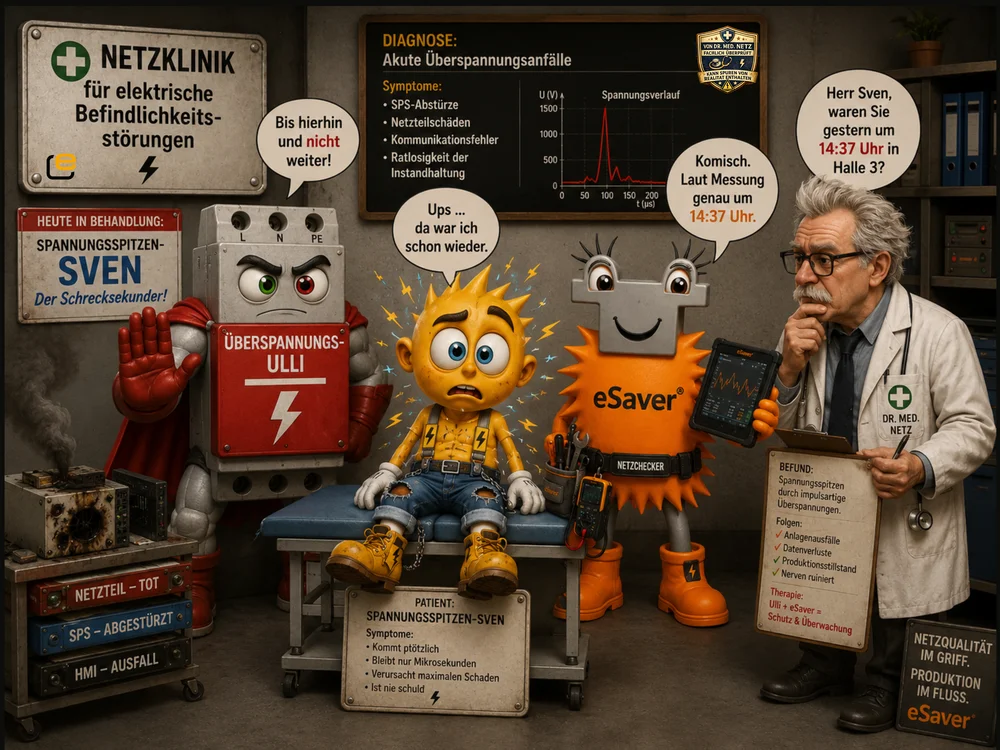Comic-Szene: Spannungsspitzen-Sven, ein gelber Blitzjunge, wird zwischen Überspannungs-Ulli und dem eSAVER-Netzchecker-Maskottchen von Dr. med. Netz zu einem plötzlichen Spannungsereignis um 14:37 Uhr befragt, Diagnose akute Überspannungsanfälle.