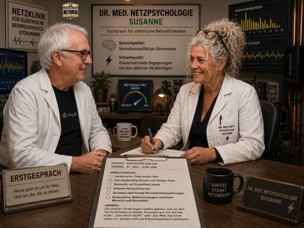 Foto-Comic-Szene: Dr. med. Netzpsychologie Susanne bespricht mit einem Kollegen den Anmeldebogen von Patient Christoph Müller, der unter Oberwellen-Otto, Flicker-Felix und Schieflast-Sarah zu leiden scheint, Termin am 1. Juli, 14 Uhr.