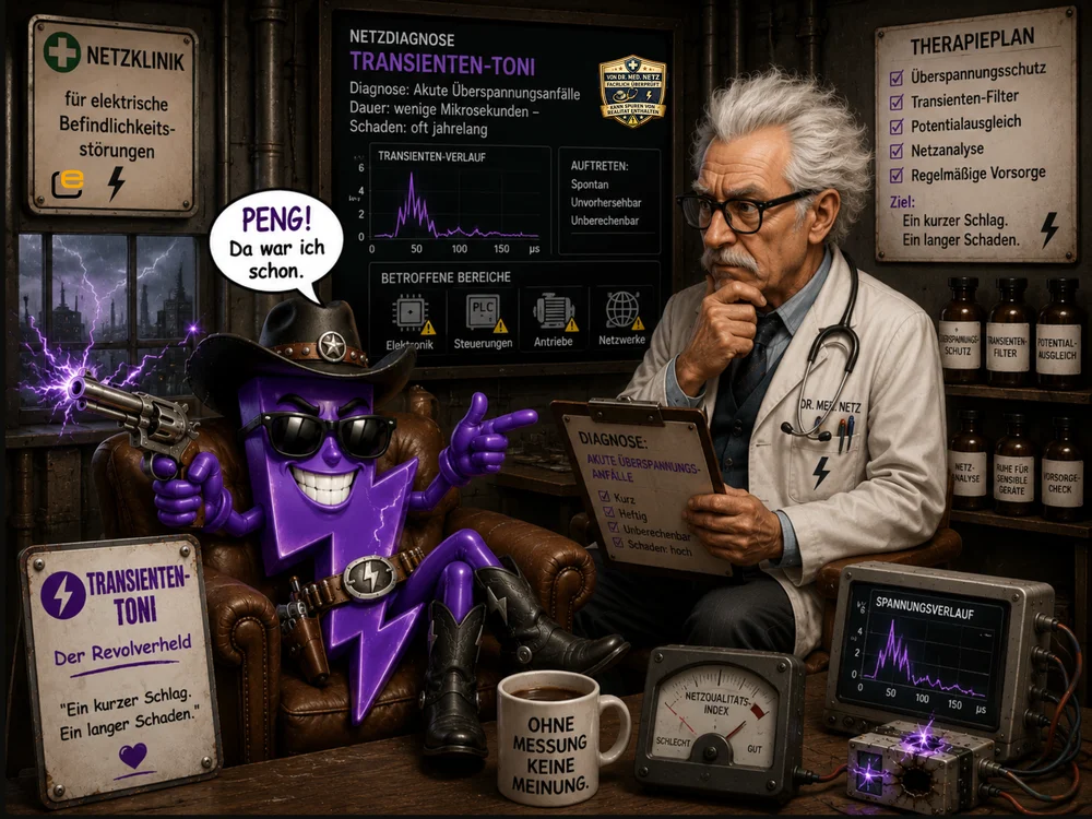 Comic-Szene: Transienten-Toni, eine violette Blitzfigur im Revolverhelden-Look mit Cowboyhut und Pistole, ruft „Peng! Da war ich schon“ neben Dr. med. Netz, der die Diagnose akute Überspannungsanfälle mit kurzer, unvorhersehbarer Dauer stellt.
