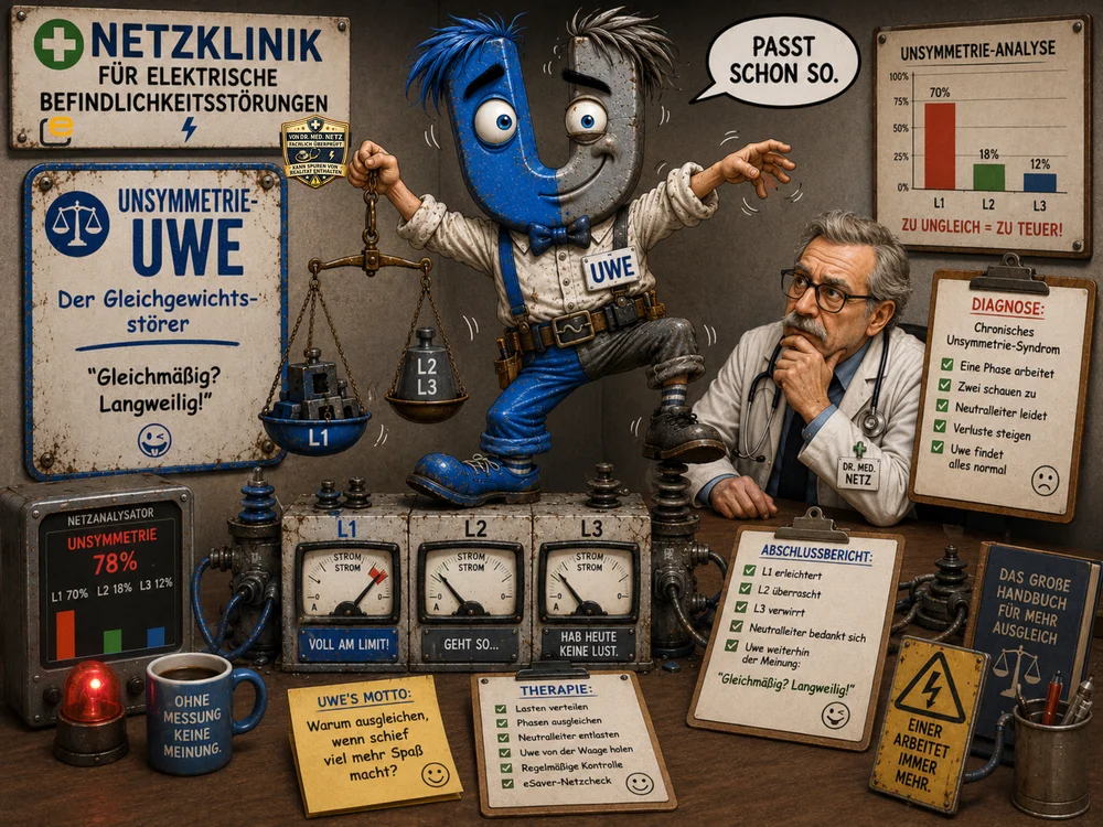 Comic-Szene: Unsymmetrie-Uwe, eine zweigeteilte blau-graue Figur mit Waage in der Hand, balanciert ungleich verteilte Lasten von 70 %, 18 % und 12 % auf den Phasen L1 bis L3, während Dr. med. Netz das chronische Unsymmetrie-Syndrom diagnostiziert.