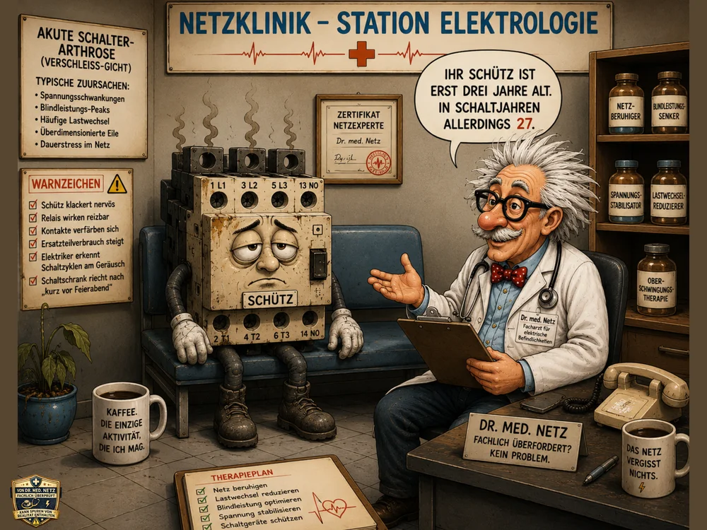 Comic-Szene: Ein müder Schütz-Charakter mit Pflaster und rauchenden Kontakten sitzt auf der Behandlungsliege der „Station Elektrologie“, während Dr. med. Netz eine akute Schalter-Arthrose durch Spannungsschwankungen, Blindleistungs-Peaks und häufige Lastwechsel diagnostiziert.