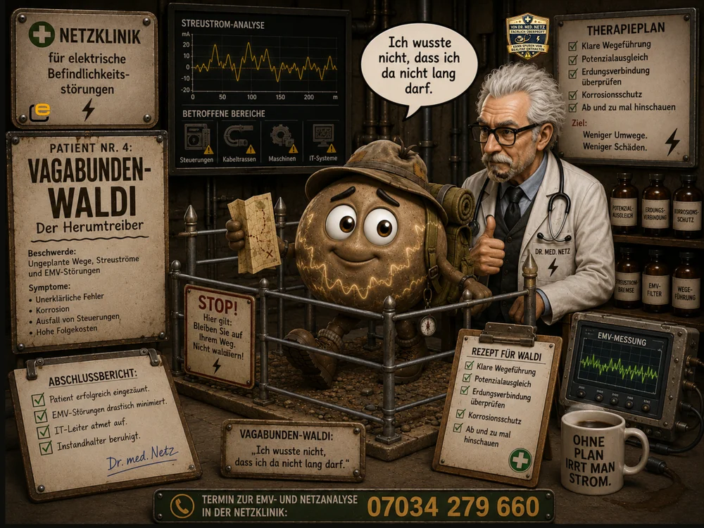 Comic-Szene: Vagabunden-Waldi, eine erdige Wanderfigur mit Hut und Rucksack, steht in einem kleinen Zaun-Gehege bei Dr. med. Netz, der Streuströme, ungeplante Strompfade und EMV-Störungen als Ursache seiner Wanderlust diagnostiziert.