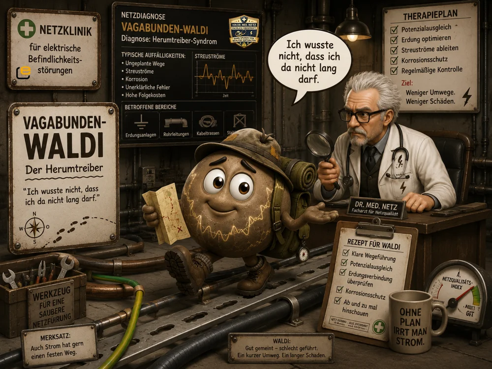 Comic-Szene: Vagabunden-Waldi, eine erdige Wanderfigur mit Hut, Rucksack und Landkarte, wird von Dr. med. Netz mit der Lupe untersucht, Diagnose „Herumtreiber-Syndrom“ mit typischen Auffälligkeiten wie ungeplanten Wegen und Streuströmen.