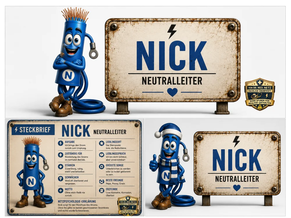 Blaue, zylinderförmige Comicfigur mit rot-braunen Kabelenden als Frisur und einem Ringkabelschuh am Arm steht mit verschränkten Armen und dem Buchstaben „N“ auf der Brust vor einem rostigen Schild mit der Aufschrift „Nick – Neutralleiter“.