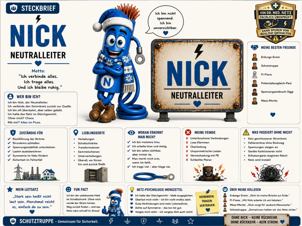 Dreiteilige Bildmontage zu Nick Neutralleiter: oben die blaue Figur vor dem Schild „Nick – Neutralleiter“, unten links ein Steckbrief mit Textblöcken zu Aufgabe, Zuständigkeit, Stärken, Schwächen, Motto, Lieblingsort, Lieblingsspruch, größter Sorge, besten Freunden und Erzfeinden, unten rechts die Figur mit Weihnachtsmütze und Schal vor demselben Schild.