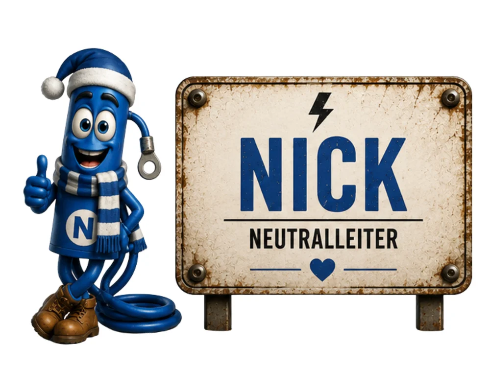Blaue Neutralleiter-Figur mit Weihnachtsmütze und gestreiftem Winterschal steht mit erhobenem Daumen vor dem Schild „Nick – Neutralleiter“; Sprechblase „Ich bin nicht spannend. Ich bin unverzichtbar.“