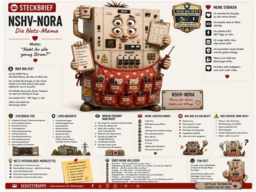 Infografik-Steckbrief zu NSHV-Nora mit Textblöcken zu Wer bin ich, Zuständigkeit, Lieblingsorten, Erkennungsmerkmalen, Stärken, liebsten „Kindern“ (Verbrauchern), was sie nicht mag, was ohne sie passiert, Netz-Psychologie-Merkzettel, Kollegen und Fun Fact; im Zentrum die vieräugige Nora-Figur mit Werkzeugschürze und Kaffeetasse.