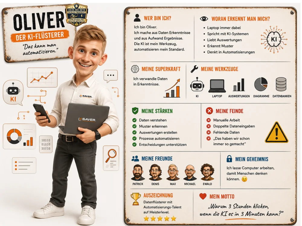 Steckbrief-Grafik von Oliver, „Der KI-Flüsterer“, eSAVER-Mitarbeiter für Künstliche Intelligenz, mit Laptop und Smartphone umgeben von Auswertungs- und Diagrammsymbolen, mit Rubriken Wer bin ich, Woran erkennt man mich, Superkraft, Werkzeuge, Stärken, Feinde, Freunde, Auszeichnung und Motto.