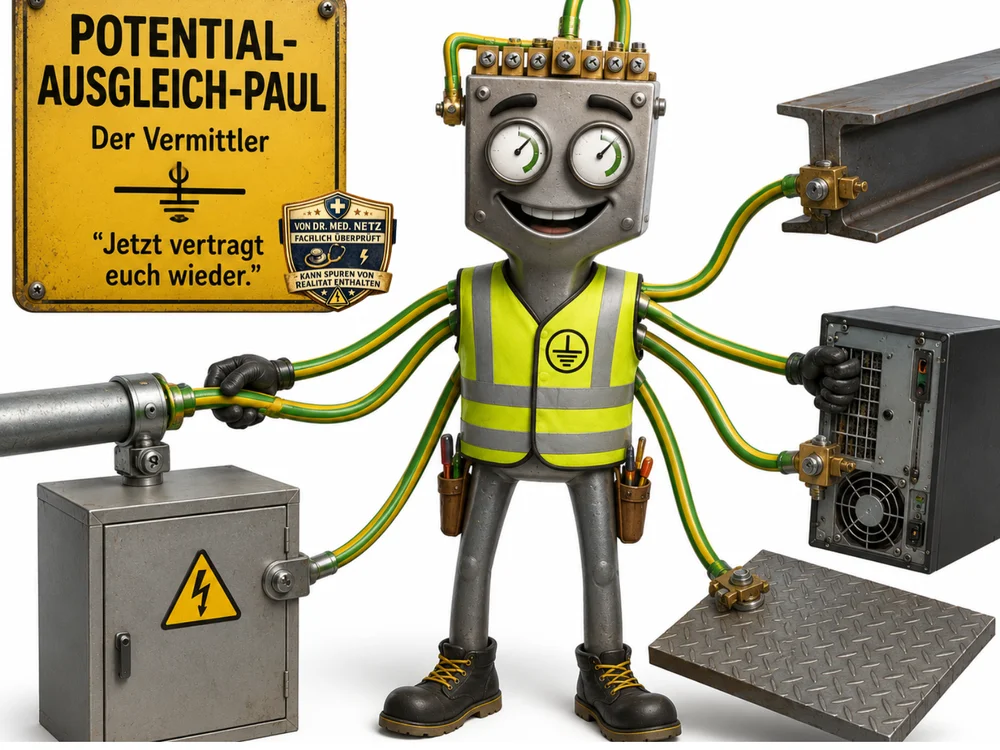 Grau-metallische Roboterfigur mit zwei runden, zeigerbestückten Augen, gelb-grüner Warnweste mit Erdungssymbol und mehreren grün-gelben Kabeln, die zu einem Rohr, einem Verteilerkasten, einem Computernetzteil und einer Metallplatte führen; daneben ein Schild mit der Aufschrift „Potenzialausgleich-Paul – Der Vermittler“ und dem Zitat „Jetzt vertragt euch wieder.“