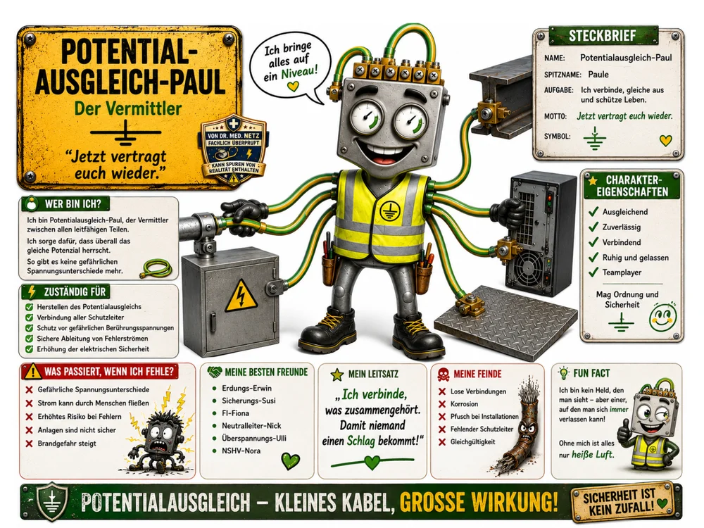 Infografik-Steckbrief zu Potenzialausgleich-Paul mit Textblöcken zu Steckbrief, Wer bin ich, Zuständigkeit, was passiert wenn er fehlt, besten Freunden, Leitsatz, Feinden, Fun Fact und Charaktereigenschaften; im Zentrum die graue Roboterfigur mit den grün-gelben Verbindungskabeln.