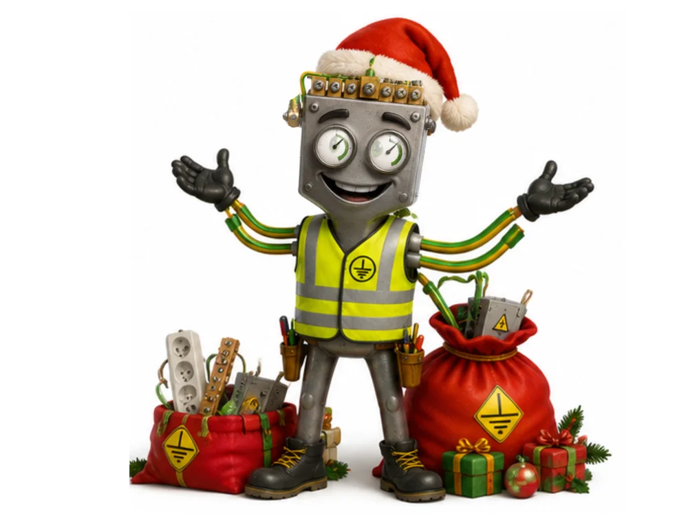 Graue Roboterfigur mit Weihnachtsmütze und ausgebreiteten Armen steht lächelnd zwischen zwei roten Weihnachtssäcken mit Erdungssymbol, gefüllt mit Steckdosenleisten und Geräten, sowie Geschenken.