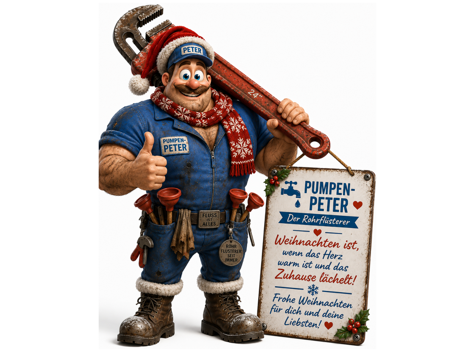 Comic-Figur Pumpen-Peter, ein muskulöser Handwerker in blauem Overall mit der Aufschrift "PUMPEN-PETER", der einen großen roten Rohrschraubenschlüssel "24 Zoll" über der Schulter trägt. Er trägt eine Weihnachtsmütze mit der Aufschrift "PETER" und einen roten Schal mit Schneeflockenmuster, zeigt einen Daumen nach oben, am Werkzeuggürtel hängen Pümpel und Werkzeuge mit der Aufschrift "FLUSS IST ALLES" und einem Anhänger "ROHRFLÜSTERER SEIT IMMER", dazu braune Arbeitsstiefel mit Fellbesatz. Auf dem Schild daneben steht "PUMPEN-PETER – Der Rohrflüsterer – Weihnachten ist, wenn das Herz warm ist und das Zuhause lächelt! Frohe Weihnachten für dich und deine Liebsten!".