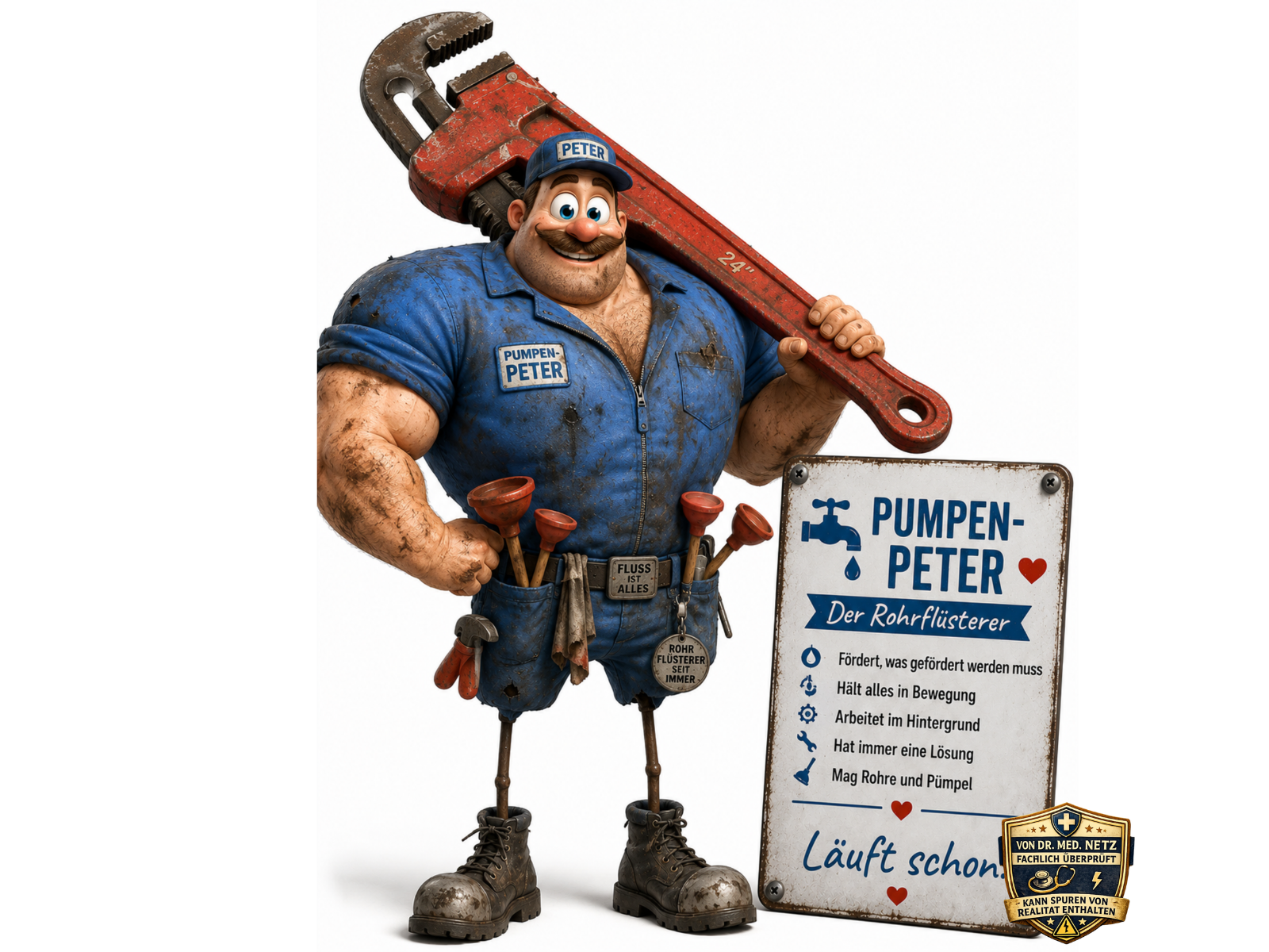 Comic-Figur Pumpen-Peter, ein muskulöser Handwerker in blauem Overall mit der Aufschrift "PUMPEN-PETER" und blauer Kappe mit der Aufschrift "PETER", der einen großen roten Rohrschraubenschlüssel "24 Zoll" über der Schulter trägt. Am Werkzeuggürtel hängen Pümpel und Werkzeuge mit der Aufschrift "FLUSS IST ALLES". Auf dem Schild daneben stehen die Eigenschaften "FÖRDERT, WAS GEFÖRDERT WERDEN MUSS", "HÄLT ALLES IN BEWEGUNG", "ARBEITET IM HINTERGRUND", "HAT IMMER EINE LÖSUNG", "MAG ROHRE UND PÜMPEL" und der Spruch "Läuft schon.".