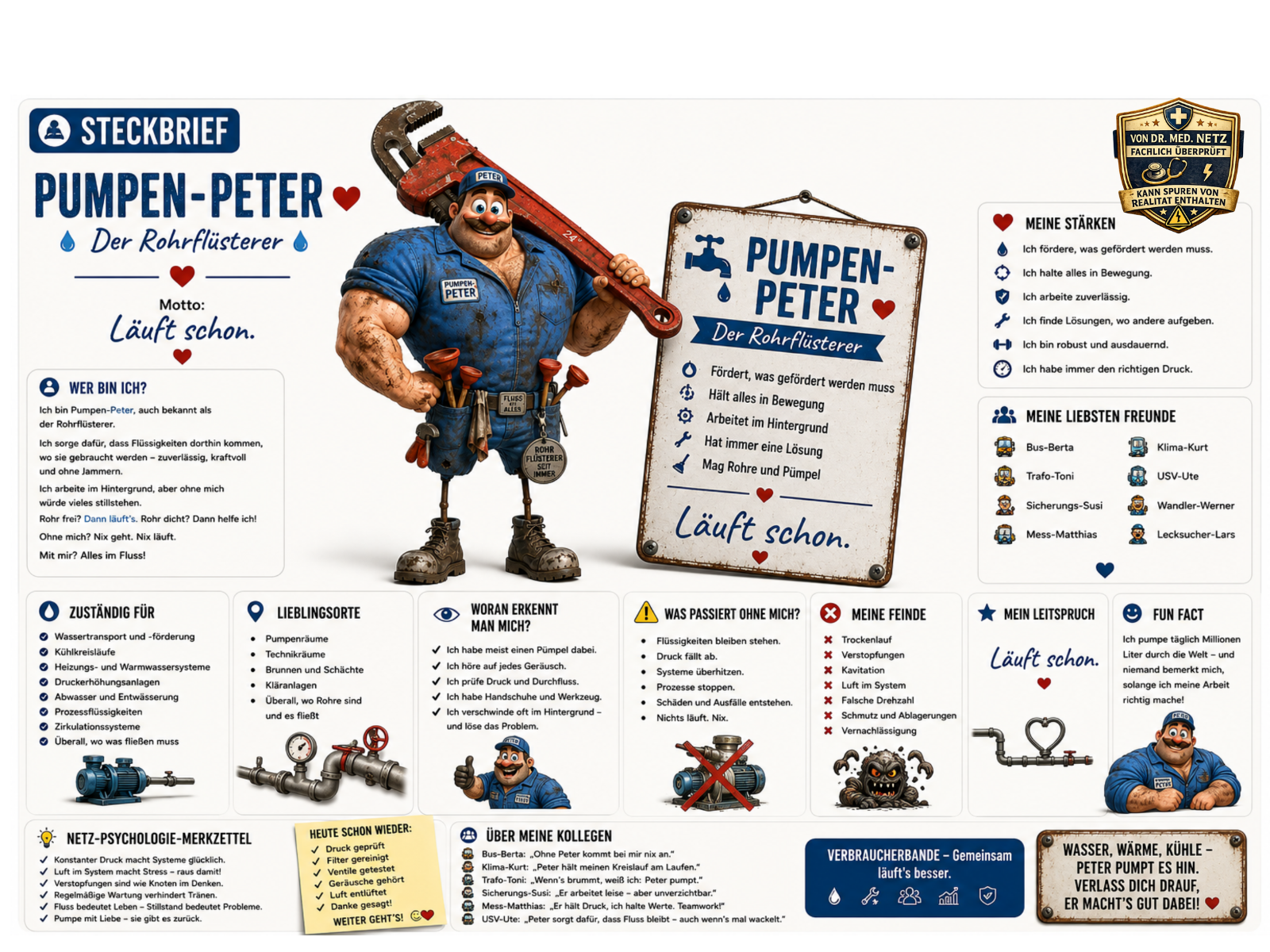 Steckbrief-Infografik zu Pumpen-Peter: Links die muskulöse Figur mit Rohrschraubenschlüssel, Werkzeuggürtel und Pümpeln. Rechts der Steckbrief mit Motto "Läuft schon.", Selbstbeschreibung, Zuständigkeitsbereich (Wassertransport und -förderung, Kühlkreisläufe, Heizungs- und Warmwassersysteme), Lieblingsorten wie Pumpenräumen und Technikräumen, Erkennungsmerkmalen, Folgen bei Ausfall, Feinden wie Trockenlauf und Kavitation, Freundesliste (u. a. Bus-Berta, Klima-Kurt, USV-Ute) und Fun Fact zur täglichen Fördermenge.