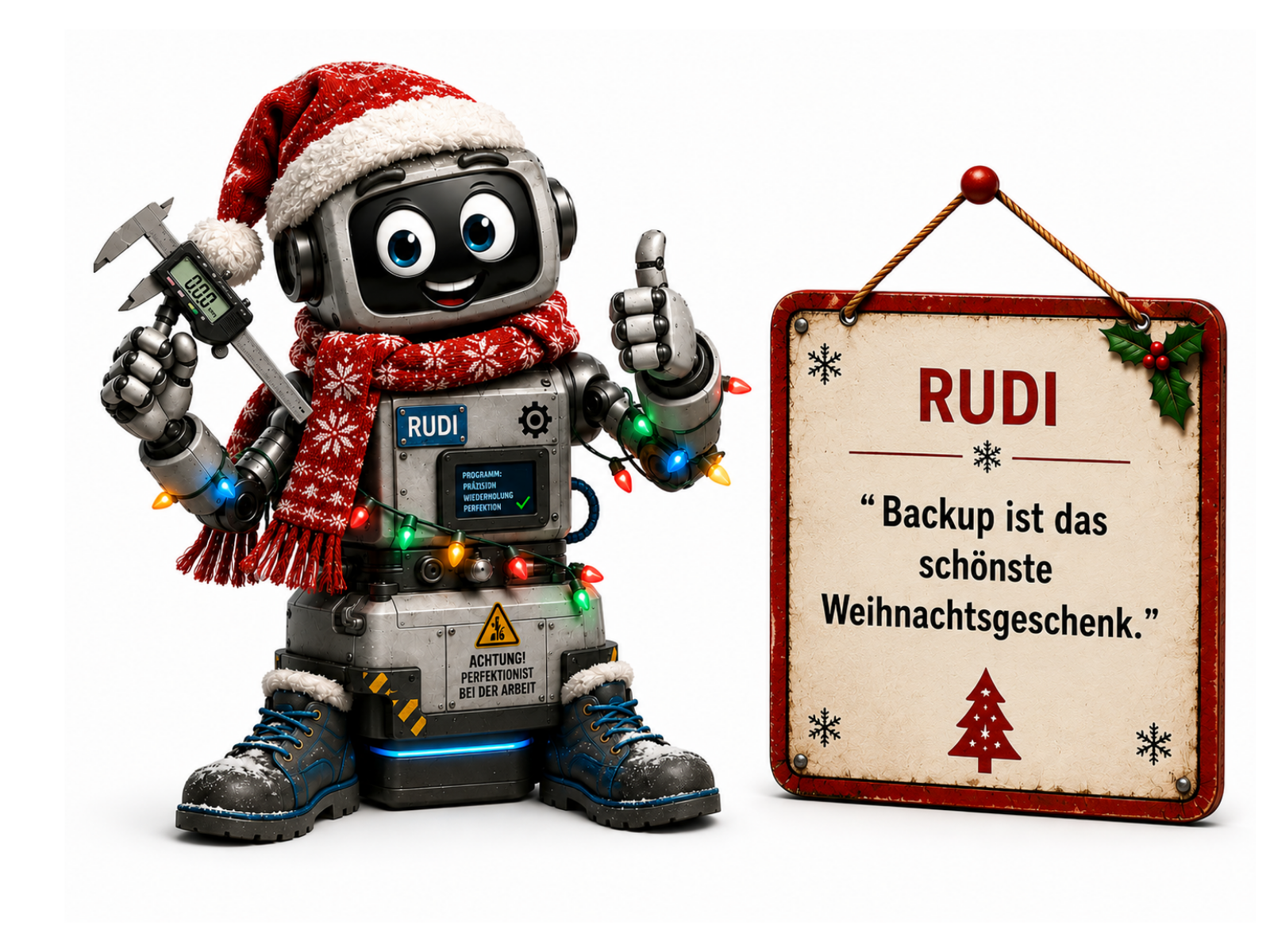 Comic-Roboterfigur Roboter-Rudi, ein grauer Roboter mit großen runden Augen und freundlichem Gesichtsausdruck, trägt eine Weihnachtsmütze und einen roten Schal mit Lichterkette, hält eine digitale Messschieber-Anzeige in der einen und zeigt mit der anderen Hand einen Daumen nach oben. Am Körper ein Warnaufkleber "ACHTUNG! PERFEKTIONIST BEI DER ARBEIT" sowie blau leuchtende Stiefel. Auf dem Schild daneben steht "RUDI – „Backup ist das schönste Weihnachtsgeschenk.“".