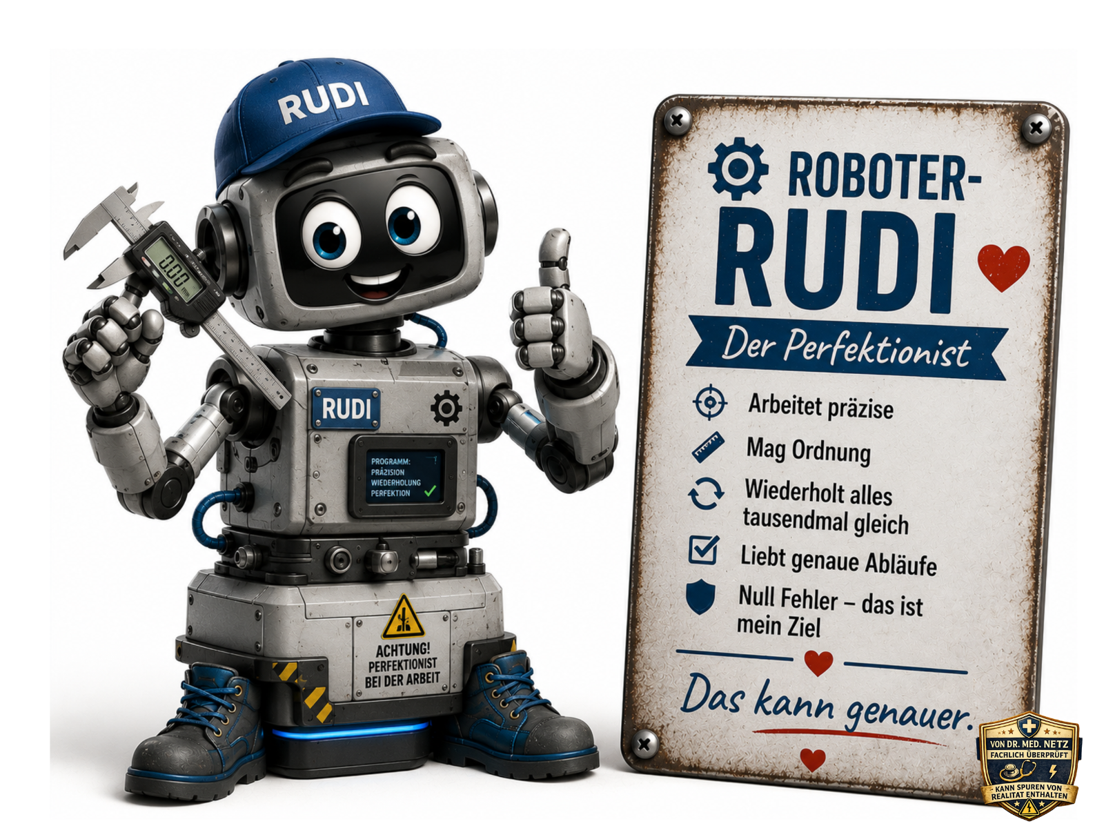 Comic-Roboterfigur Roboter-Rudi, ein grauer Roboter mit großen runden Augen, blauer Kappe mit der Aufschrift "RUDI" und einem Display mit dem Text "PROGRAMM: PRÄZISION WIEDERHOLUNG PERFEKTION". Er hält eine digitale Messschieber-Anzeige und zeigt mit der anderen Hand einen Daumen nach oben, am Körper ein Warnaufkleber "ACHTUNG! PERFEKTIONIST BEI DER ARBEIT" sowie blau leuchtende Stiefel. Auf dem Schild daneben steht "ROBOTER-RUDI Der Perfektionist – ARBEITET PRÄZISE, MAG ORDNUNG, WIEDERHOLT ALLES TAUSENDMAL GLEICH, LIEBT GENAUE ABLÄUFE, NULL FEHLER – DAS IST MEIN ZIEL" mit dem Spruch "Das kann genauer.".
