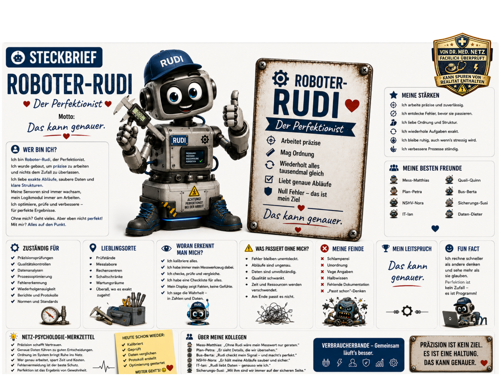 Steckbrief-Infografik zu Roboter-Rudi: Links die Figur mit Messschieber, Kappe "RUDI" und Programm-Display. Rechts der Steckbrief mit Motto "Das kann genauer.", Selbstbeschreibung, Zuständigkeitsbereich (Präzisionsprüfungen, Qualitätskontrollen, Datenanalysen), Lieblingsorten wie Prüfständen und Messlaboren, Erkennungsmerkmalen, Folgen bei Ausfall, Feinden wie Schlamperei und vagen Angaben, Freundesliste (u. a. Mess-Matthias, Bus-Berta, NSHV-Nora) und Fun Fact zur Rechengeschwindigkeit.